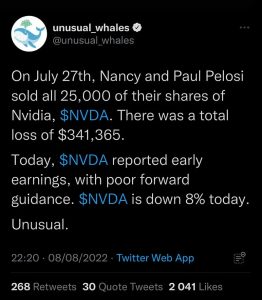 Нанси Пелоси продава nvidia преди освобождаването на приходите търговия с вътрешна информация