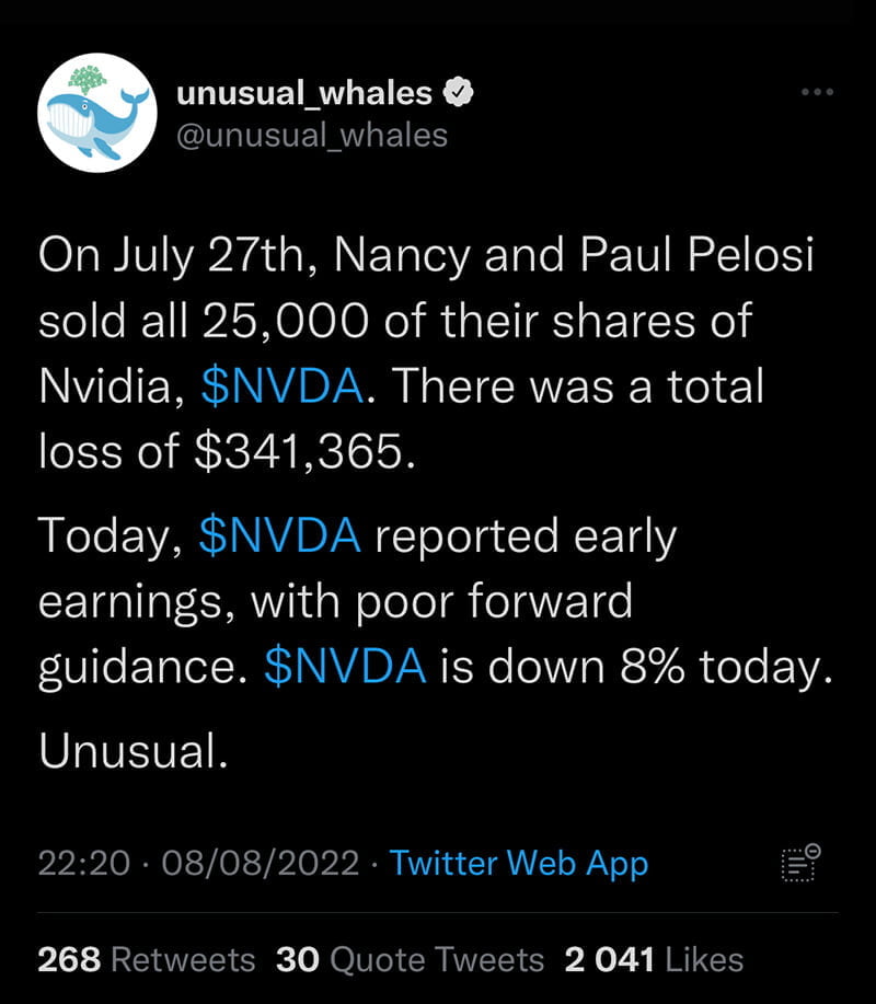 nancy pelosi sells nvidia before earnings release insider trading