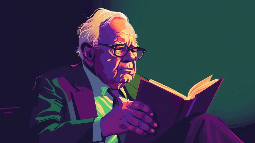 Illustrazione di Warren Buffett che legge un libro